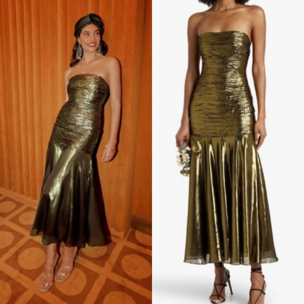 Rixo Strapless Claudette Mermaid Drop Waist Metallic Dress Gold Black 3XL